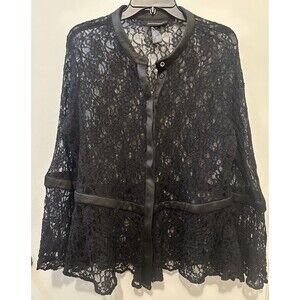 Ashley Stewart Lace Satin Black Sheer Button Front Cardigan Sexy Whimsigoth 18